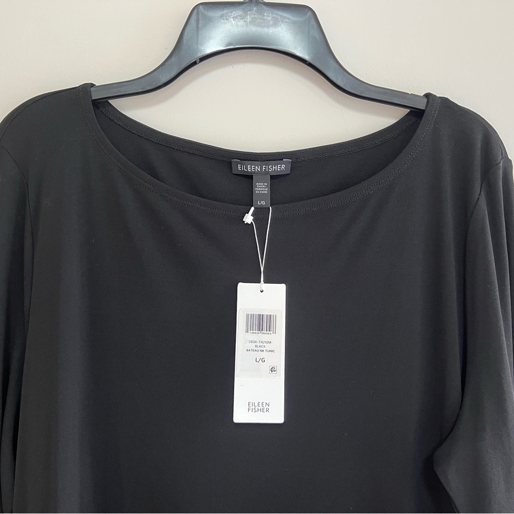 Eileen Fisher NWT Stretch Silk Jersey Bateau Neck Asymmetrical Tunic in Black, L - Picture 4 of 7